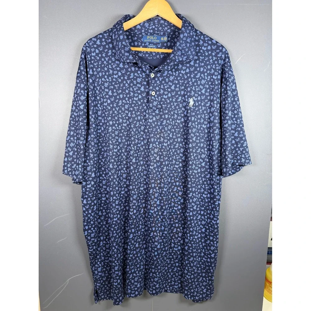 Polo Ralph Lauren Mens XXL Navy Blue Floral Print Cotton Classic Fit Polo Shirt